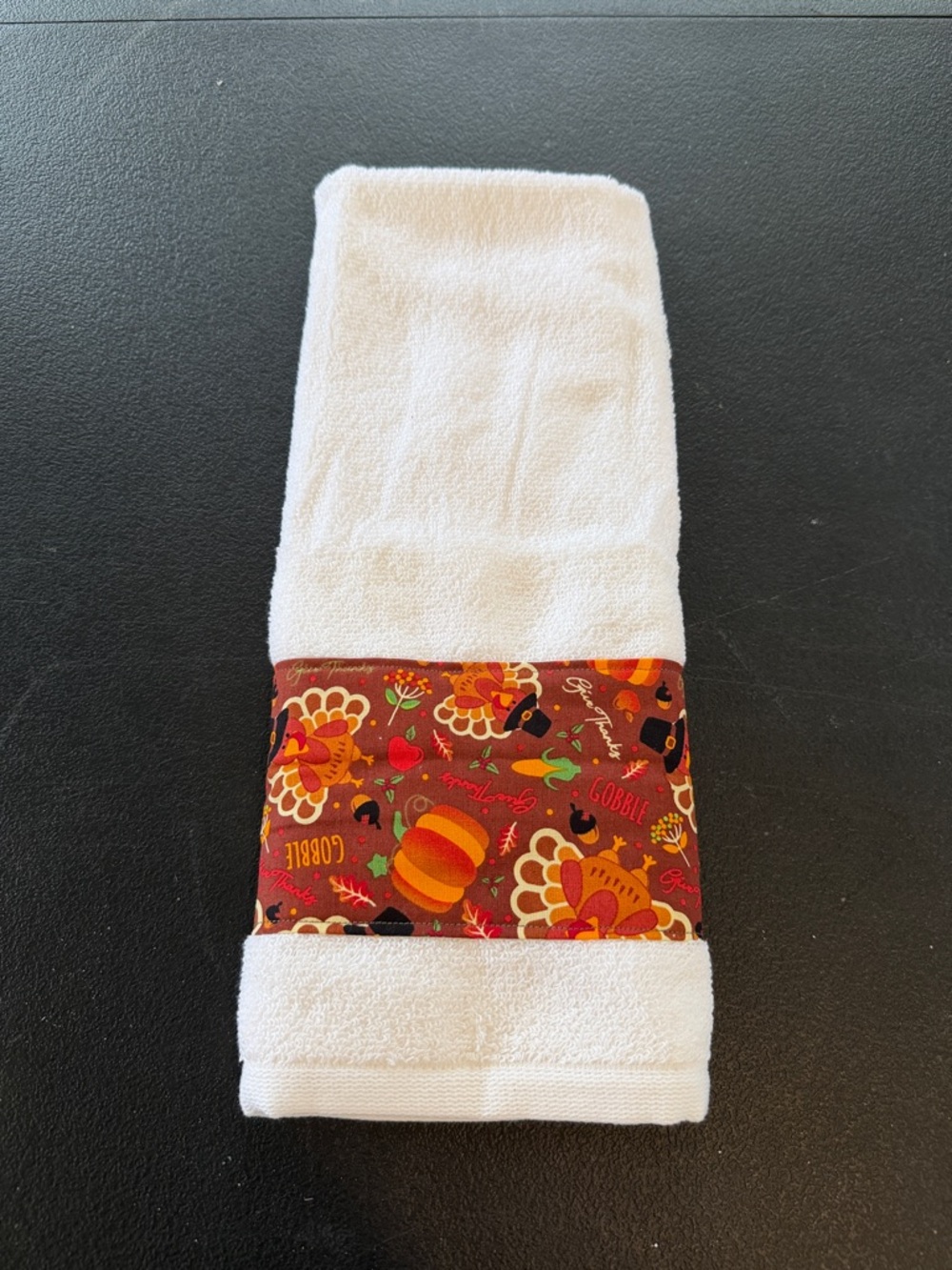 White Hand Towel with Autumn Turkey Print Accent